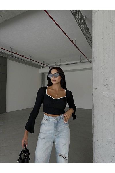 LB Laluna Butik Γυναικεία Μαύρη Καρδιά γιακά Λεπτομερής Πλεκτή Πλεκτή Μπλούζα Crop