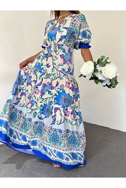 Fav Style Dámské dlouhé šaty s modrým potiskem s krátkým rukávem