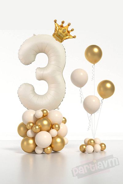 PARTİAVM Cream Number Balloon King Crowned Number Foil Balloon Set