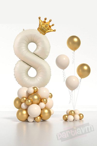 PARTİAVM Cream Number Balloon King Crowned Number Foil Balloon Set