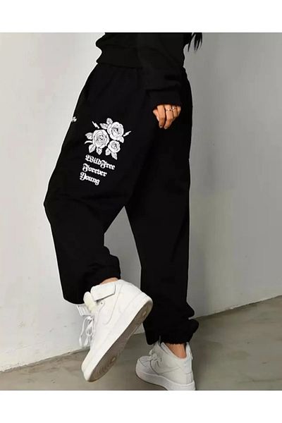 Keywest Λευκό παντελόνι Jogger Relaxed Fit με στάμπα Young Rose με 3 κλωστές