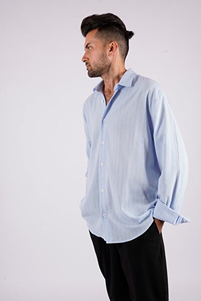 LoFiBuy Erkek Bebe Mavisi Çizgili Yazlık Bol Kalıp Keten Oversize Gömlek