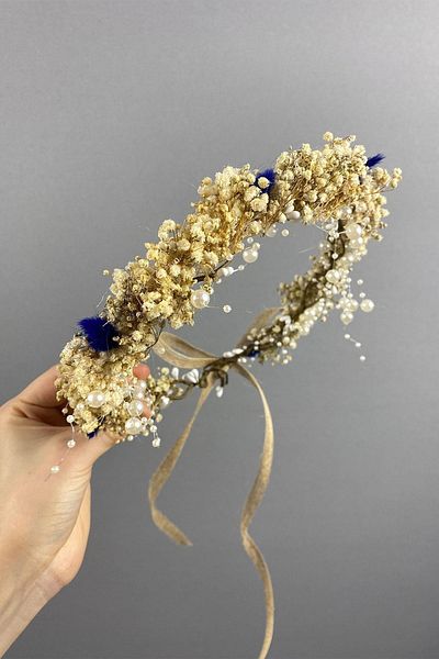 Hayalperest boncuk Blue Cream Chipped Bridal Outdoor Shoot Crown with Pearls and Cotton Herb