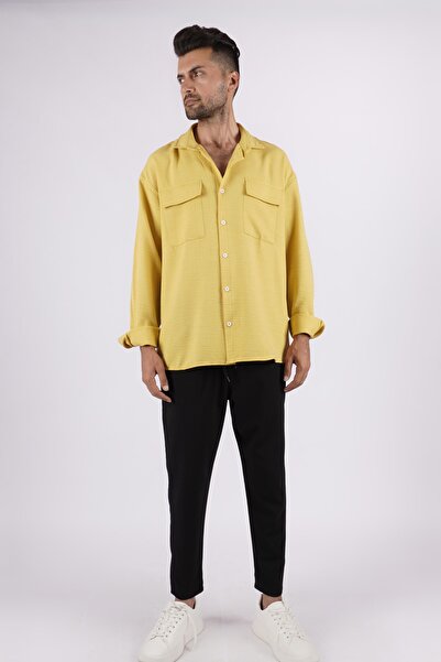 LoFiBuy Erkek Sarı Çift Cep Yazlık Rahat Kalıp Keten Oversize Gömlek
