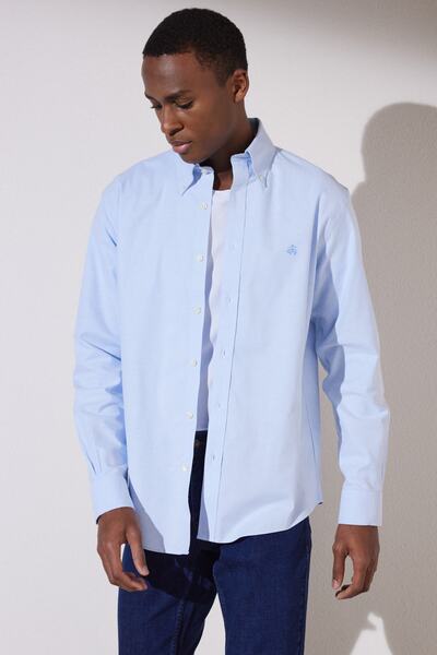 BROOKS BROTHERS Erkek Mavi Ütü Gerektirmeyen Regular Fit Geniş Kesim Non-Iron Gömlek