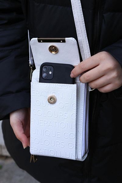 Pek Moda Geantă portofel de damă cu imprimeu alb cu model, cu compartiment pentru telefon și curea reglabilă