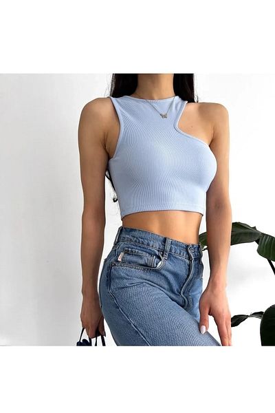 Dilvin 10173 Tricotaj cu guler decoltat Crop-albastru