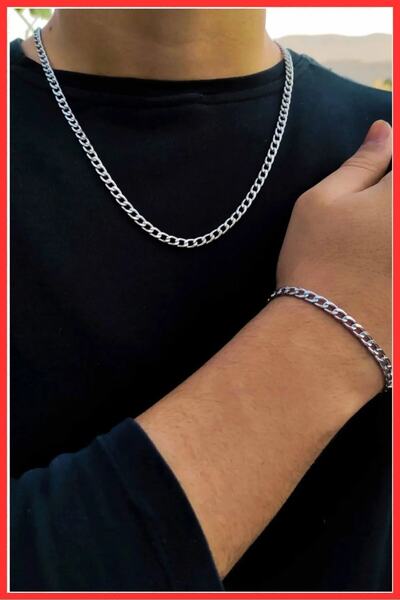 Eryürek Store Erkek Paslanmaz Zincir Kolye ve Bileklik Seti 4mm