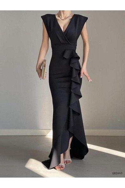 sarebutik Γυναικείο μαύρο ύφασμα κατάδυσης με διπλό στήθος γιακά φούστα Flounce βραδινό φόρεμα αποφοίτησης νυφικό