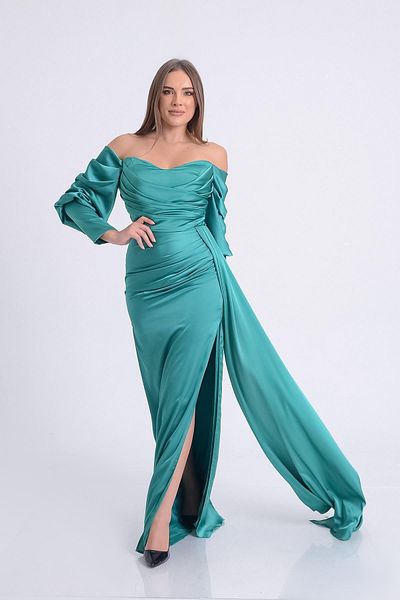 SpringStore Rochie de seara din satin cu maneca cu balon de menta