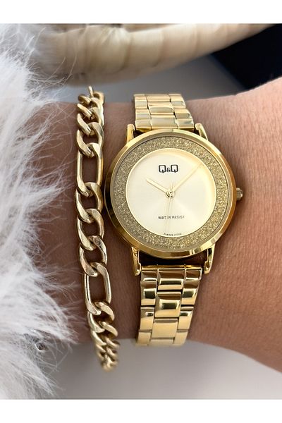 Q&Q Brand Gold Yellow Steel Strap, Small Case, Stylish Silvery Dial Wristwatch+Bracelet