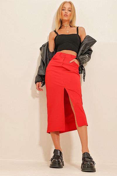 Trend Alaçatı Stili Women's Red Slit Mid Length Skirt ALC-X10729