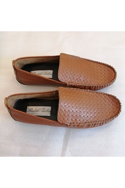 Butik Tülin Men's genuine leather tan mesh print combination front hand-stitched soft non-slip thin rubber sole shoes
