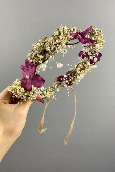 Hayalperest boncuk Hydrangea And Shocked Cipso Dried Flowering Bridal Crown With Pearls