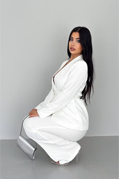 Bella Breeze Kadın Bağlamalı Sahte Cepli Kemerli Şal Yaka Blazer Ceket Boru Paça Esnek Pantolon Takım Elbise