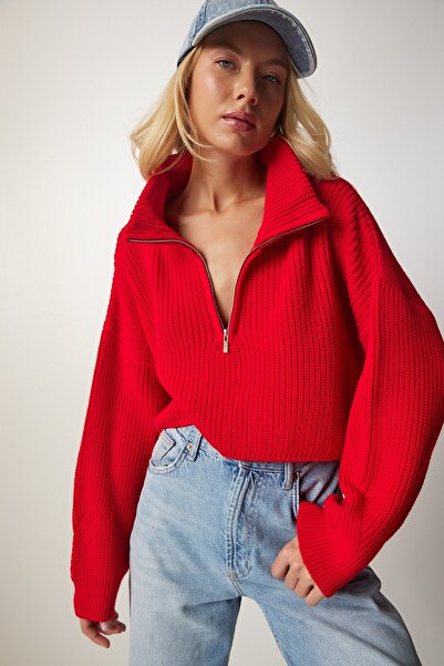 Happiness İstanbul Women's Red Zippered Turtleneck Sweater MX00124