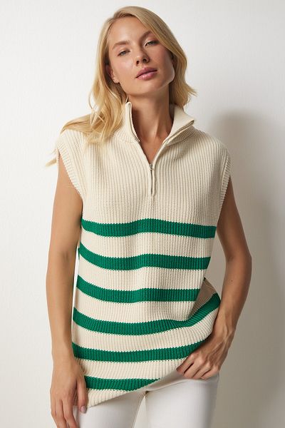 Happiness İstanbul Cremegrüner Damenpullover mit Streifen und Reißverschlusskragen MX00123