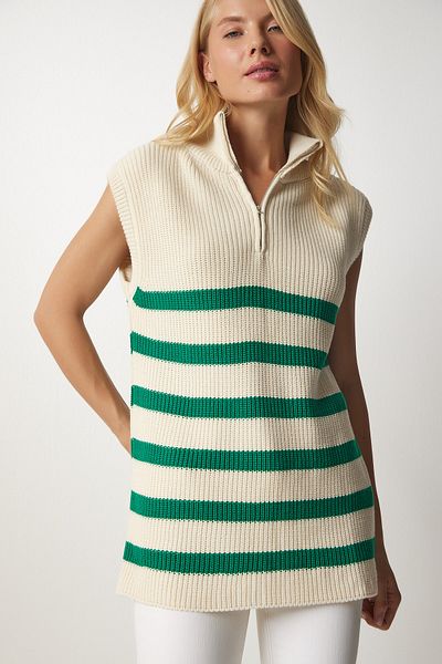 Happiness İstanbul Cremegrüner Damenpullover mit Streifen und Reißverschlusskragen MX00123