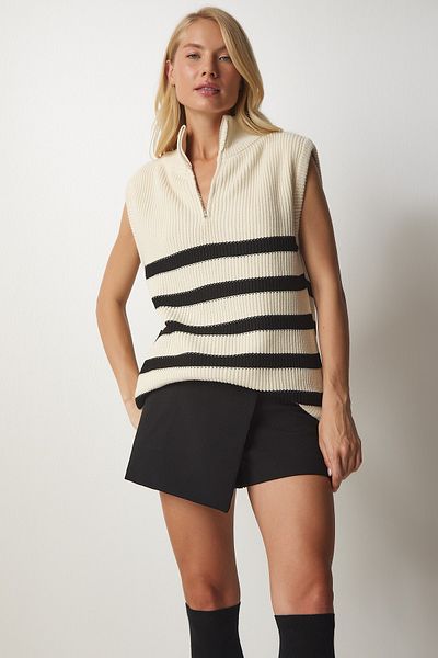 Happiness İstanbul Creme-schwarzer gestreifter Damenpullover mit Reißverschlusskragen MX00123