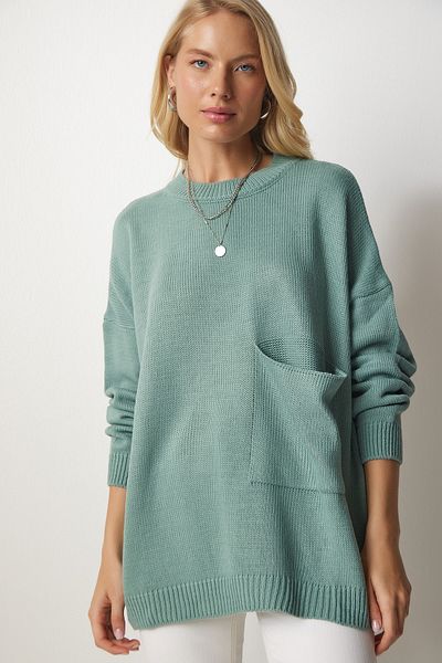 Happiness İstanbul Grüner Basic-Strickpullover mit Taschendetail für Damen MX00125