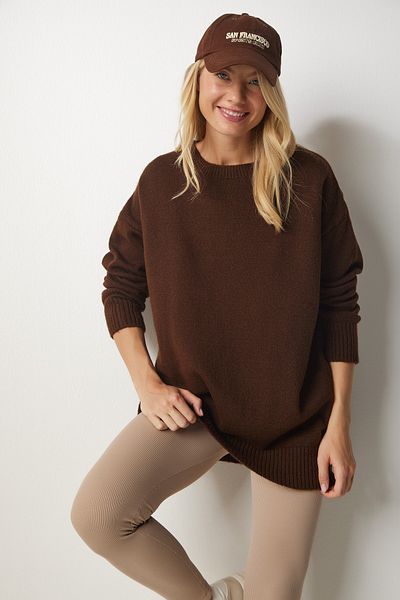 Happiness İstanbul Brauner Oversize-Strickpullover für Damen PN00054