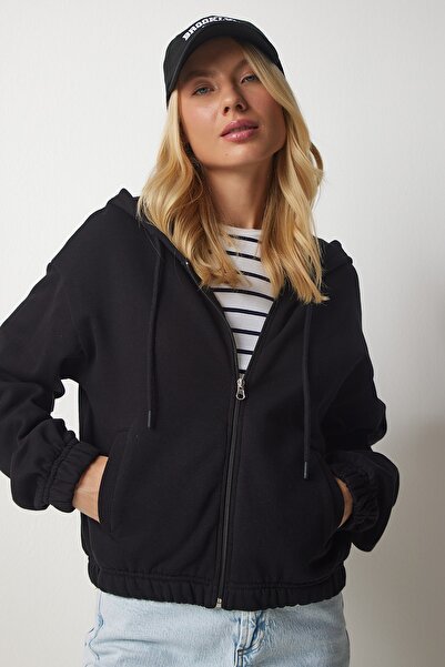 Happiness İstanbul Kadın Siyah Kapüşonlu Şardonlu Sweatshirt UB00127