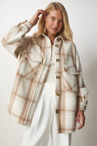 Happiness İstanbul Cremefarbene Lumberjack-Fleece-Hemdjacke für Damen, UB00122