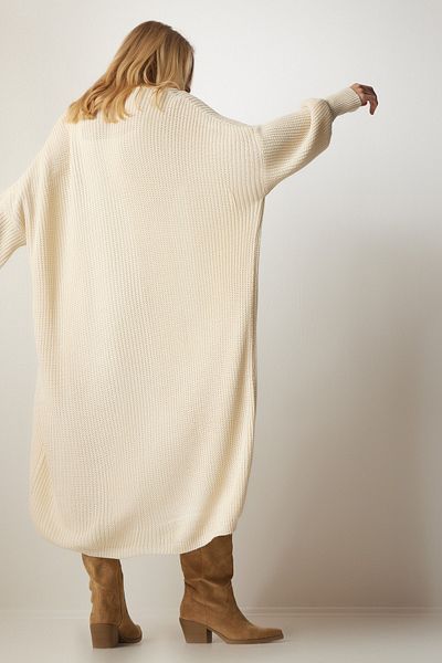 Happiness İstanbul Cremefarbene Strickjacke mit langer Tasche für Damen MX00106