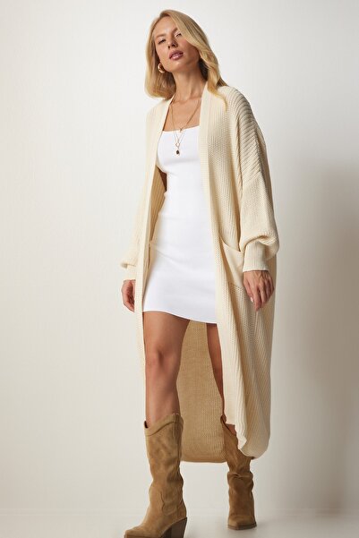 Happiness İstanbul Γυναικείο τζάκετ με μακριά πλεκτή κρέμα τσέπης Ζακέτα MX00106