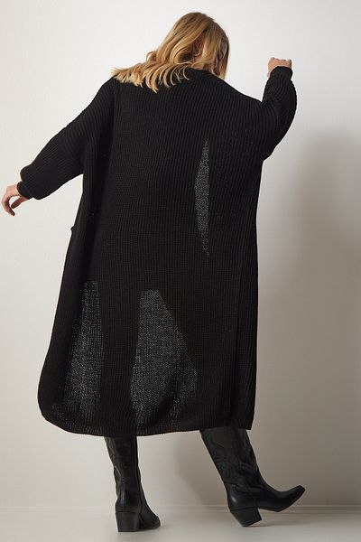 Happiness İstanbul Schwarze lange Strickjacke für Damen mit Taschen MX00106
