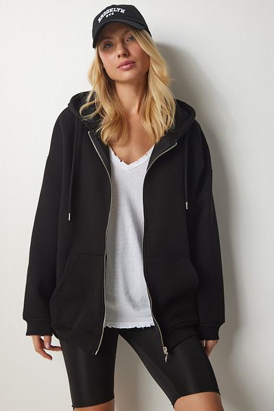 Happiness İstanbul Schwarzes Oversize-Sweatshirt mit Kapuze und Reißverschluss für Damen UB00124