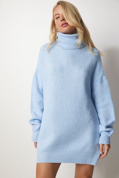 Happiness İstanbul Hellblauer, langer Rollkragenpullover für Damen, Strickpullover MX00107