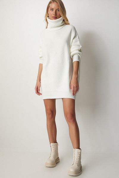 Happiness İstanbul Weißer langer Rollkragenpullover für Damen, Strick, MX00107
