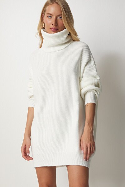 Happiness İstanbul Dámsky dlhý úpletový sveter s bielym rolákom MX00107