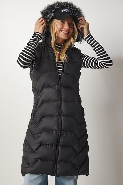 Happiness İstanbul Women's Black Hooded Long Puffer Vest DD01246