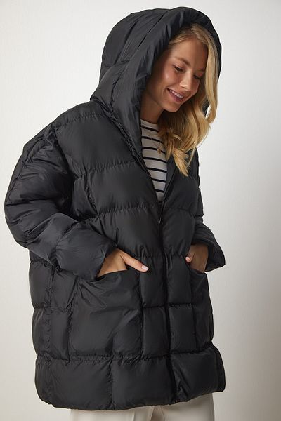 Happiness İstanbul Dámská černá bunda Oversize Puffer s kapucí DD01249