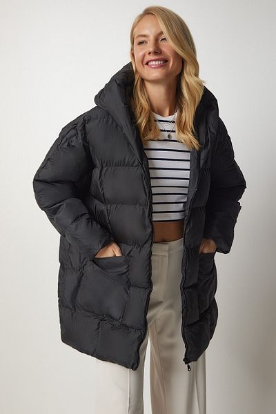 Happiness İstanbul Dámská černá bunda Oversize Puffer s kapucí DD01249