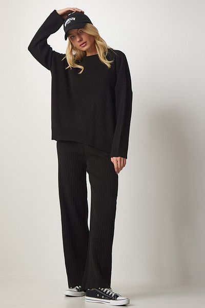 Happiness İstanbul Schwarzes Strickpullover-Hosen-Set für Damen MX00112
