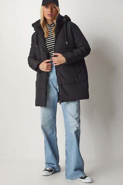 Happiness İstanbul Dámský černý oversize nafukovací kabát s kapucí DD01245