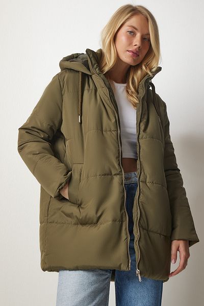 Happiness İstanbul Khakifarbene, übergroße Pufferjacke mit Kapuze für Damen DD01245