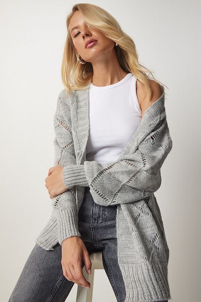 Happiness İstanbul Women's Gray Diamond Patterned Openwork Knitwear Cardigan MC00212