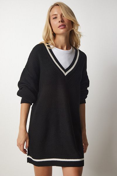 Happiness İstanbul Schwarzes, langes, übergroßes Strick-Sweatshirt mit V-Ausschnitt für Damen, BP00140