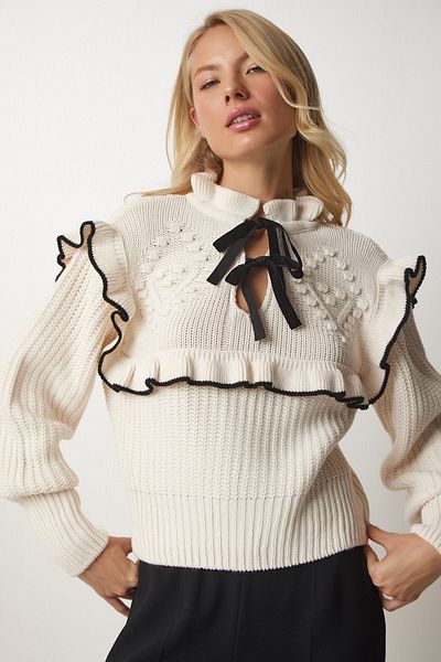 Happiness İstanbul Cremefarbener Strickpullover mit Rüschenkragen und Schleife für Damen MT00112