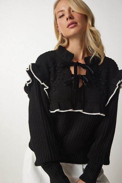 Happiness İstanbul Schwarzer Strickpullover mit Rüschenkragen und Schleife für Damen MT00112