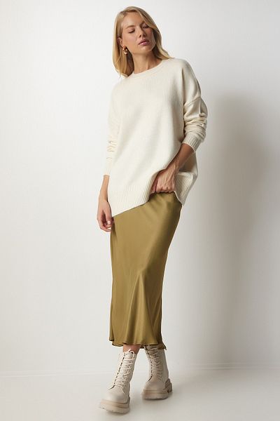 Happiness İstanbul Cremefarbenes Oversize-Sweatshirt aus Strick mit Rundhalsausschnitt für Damen BV00085