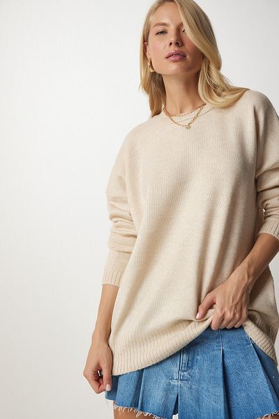 Happiness İstanbul Women's Beige Crew Neck Oversize Knitwear Sweater BV00085
