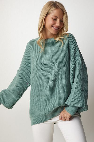 Happiness İstanbul Grüner Oversize-Strickpullover Basic für Damen mx00126
