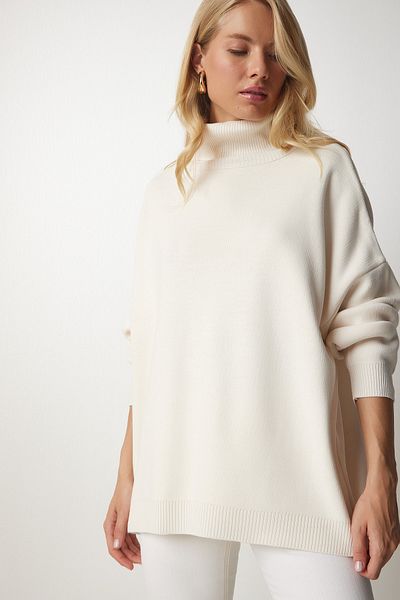 Happiness İstanbul Cremefarbener Oversize-Rollkragen-Strickpullover für Damen BV00084