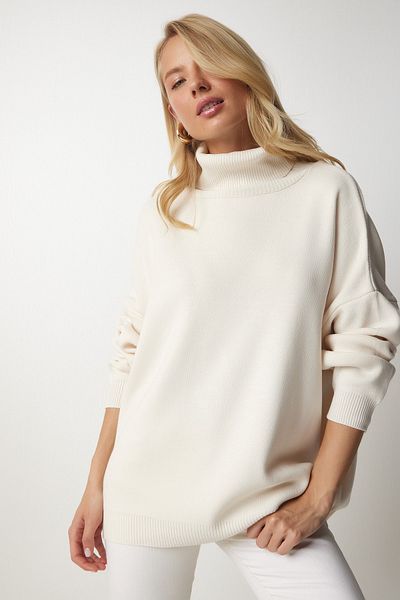 Happiness İstanbul Cremefarbener Oversize-Rollkragen-Strickpullover für Damen BV00084