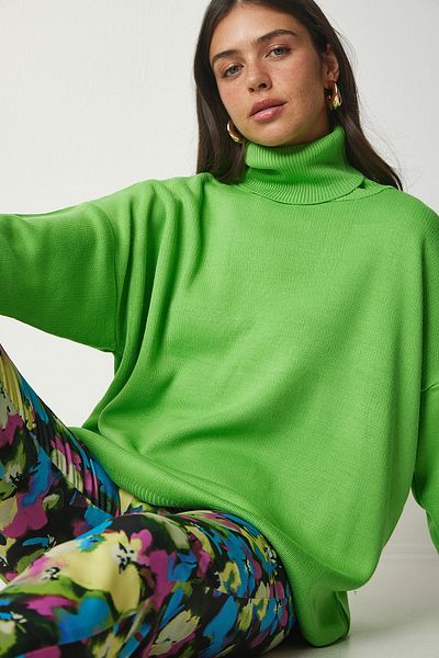 Happiness İstanbul Hellgrüner Rollkragenpullover in Übergröße für Damen BV00084
